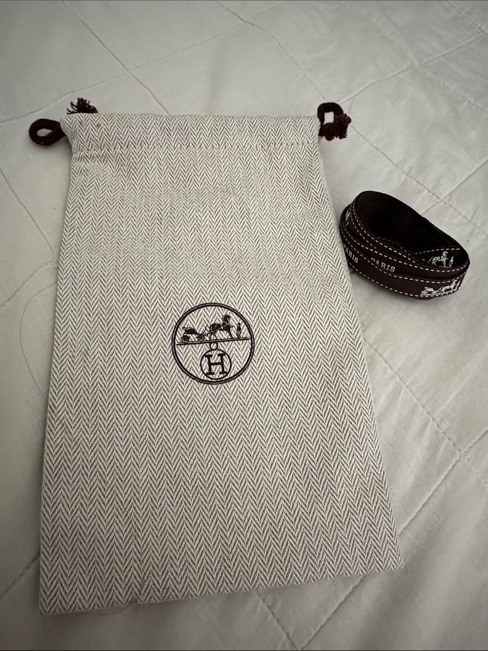 Brown and Cream Drawstring Twill Bag Hermes logo & long spool of Hermes ribbon